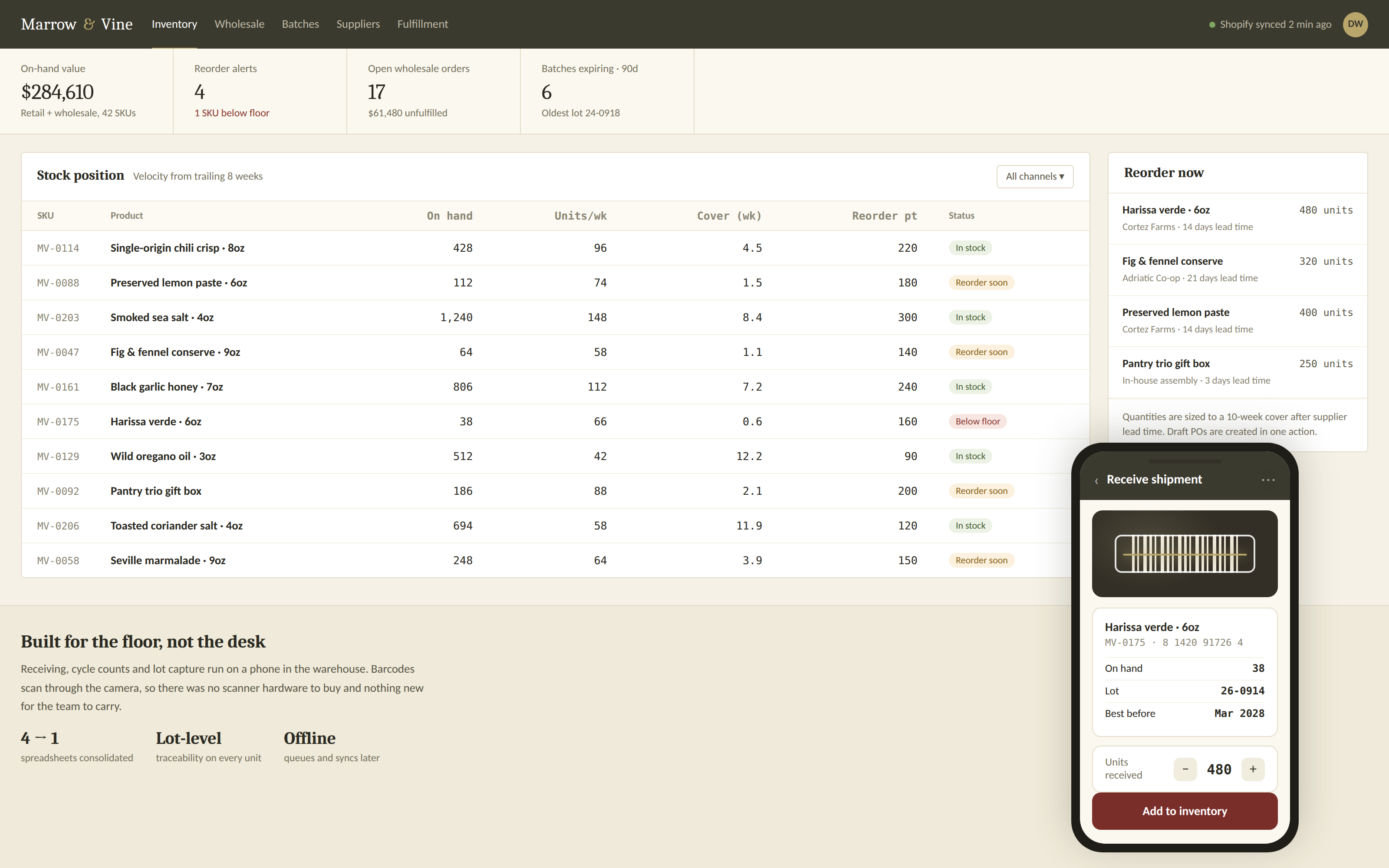 Marrow & Vine product interface